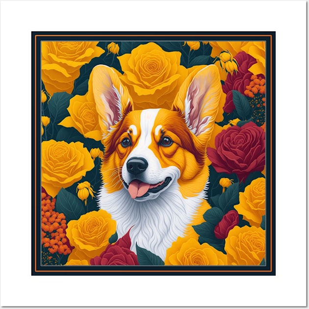 Dogs, corgi and flowers, dog, seamless print, style vector (yellow version 2 corgi) Wall Art by xlhombat